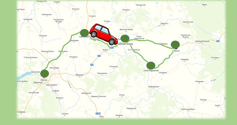 г. Пенза – г. Каменка – с. Наровчат,– г. Спасск – г. Нижний Ломов – Пенза